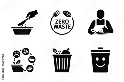 Zero waste concept icons showing food preparation and disposal recycling