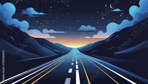 Serene highway illustration through mountains under a starry night sky for travel and adventure art