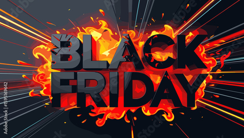 Explosive Black Friday sale illustration with bold text and fiery effects for marketing and promotions