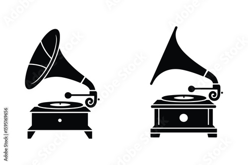 Vintage gramophone silhouettes with ornate details and sound horns phonograph retro