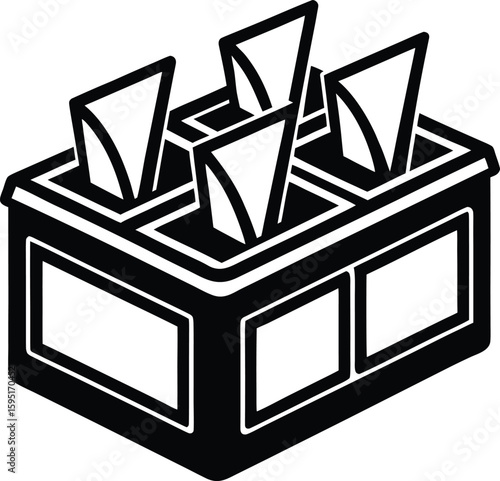 Election ballot box icon: A close-up, high-angle shot of a classic black and white ballot box, filled with folded paper, symbolizing the democratic process and civic duty.