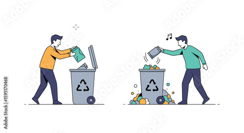 Illustrating proper waste disposal versus careless trash throwing showing environmental responsibility