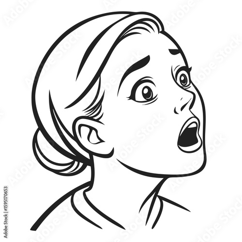 Expression of Astonishment: An artistic, black and white illustration encapsulates a moment of pure astonishment and surprise on a woman's face.