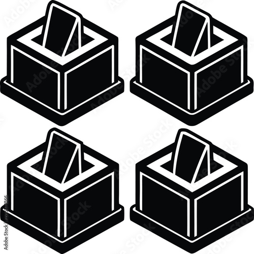 Democracy in Black and White: Four minimalist voting boxes represent the democratic process, symbolizing civic duty and the power of the individual vote.