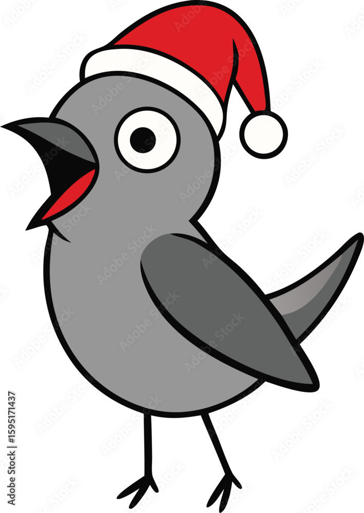 Fototapeta premium Gray catbird wearing Santa hat singing Christmas song festive holiday bird winter joyful seasonal celebration Xmas melody nature wildlife
