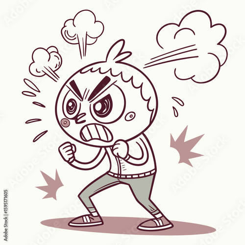 Angry Expression: A cartoon character epitomizes rage, showcasing anger through clenched fists, a furrowed brow, and a menacing expression, perfectly capturing the essence of intense emotion.