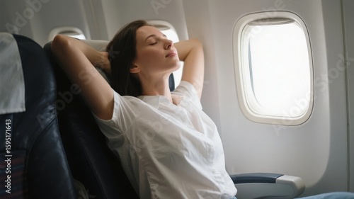 Woman Relaxing in Airplane Seat Near Window