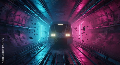 Futuristic Train in Tunnel with Vibrant Neon Lighting
