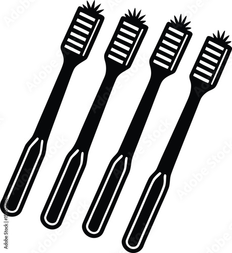 Dental Hygiene Essentials: An artistic illustration showcasing four sleek, monochromatic toothbrushes, emphasizing dental care and oral health.