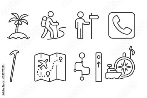 Travel, tourism line icon set. explore, vacation, trip, navigation, guide, journey icons