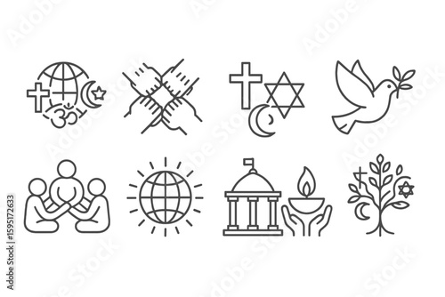 Religious symbols line icon set. faith, spiritual, belief, peace, harmony, prayer, unity