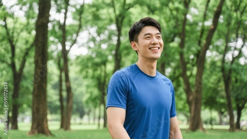 Man in blue athletic shirt smiling outdoors in a park
