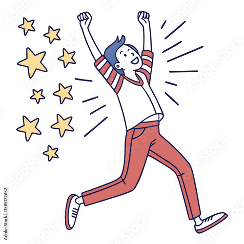 Celebratory Joy: A vibrant illustration captures a moment of elation and triumph as a person gleefully jumps with arms raised high amidst radiant stars.