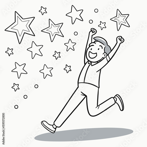 Rising Star Celebration: A joyful person jumps in glee, surrounded by radiant stars, epitomizing the essence of achieving ambitions and experiencing a sense of happiness.