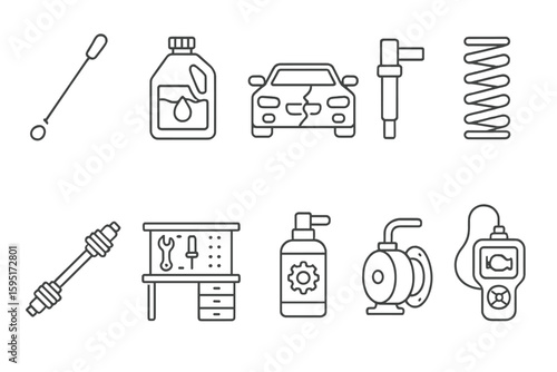 Automotive, maintenance line icon set. car parts, tools linear collection