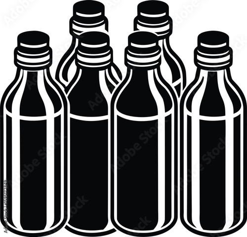 Monochromatic Bottles Display: A minimalist black-and-white illustration of six identical bottles, lined up closely, a visual representation of a curated collection.