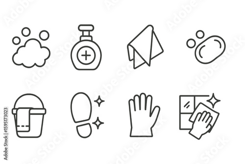 Cleaning and hygiene outline icon set. essential sanitation line art icons collection