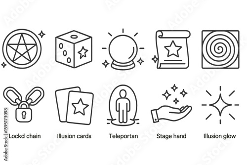 Magic and illusion linear icon set: mystic symbols, spells, and trickery