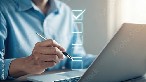 Person checking off a list on a laptop screen isolated on transparent background