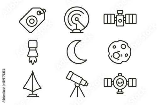 Space exploration outline icon set. astronaut, moon, satellite line art collection