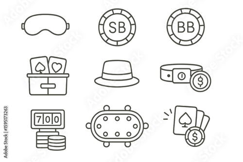 Poker and casino linear icon set. gambling, chips, card games, winning symbols
