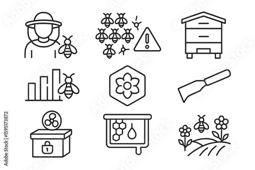Beekeeping, apiary linear icon set. honey harvesting, hive management outline style