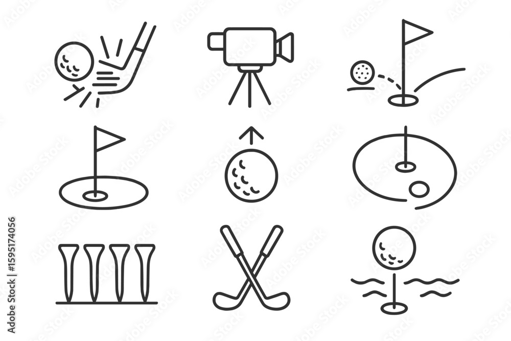 Fototapeta premium Golf outline icon set: clubs, hole, ball, flag, course, minimal outline collection