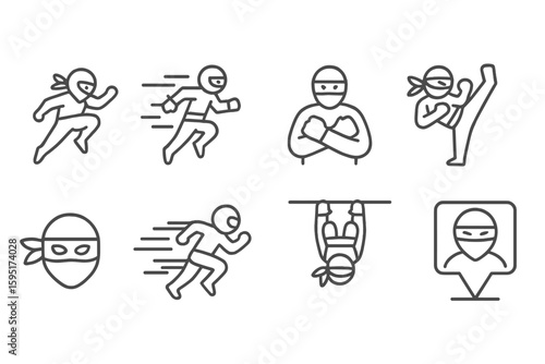 Ninja silhouette icon set. martial arts, action, stealth, fighting icons silhouette collection