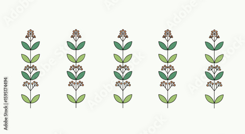 Elegant botanical illustration featuring five vertical floral arrangements with delicate green leaves and small brown buds against a light cream background