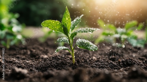 Young plant seedling growing in rich soil water droplets on leaves growth