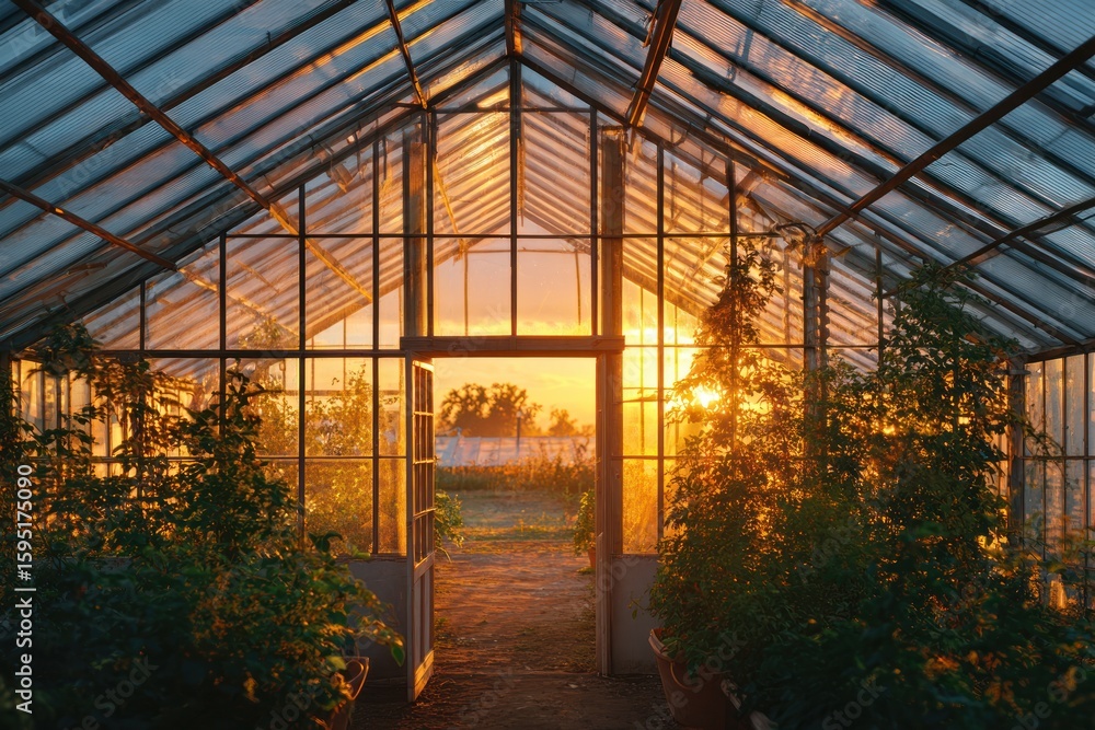 Fototapeta premium Golden sunset in a greenhouse