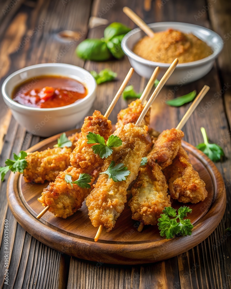 Fototapeta premium Photo of crispy golden fried chicken skewers are artfully arranged on a wooden board with dipping sauce and fresh herbs