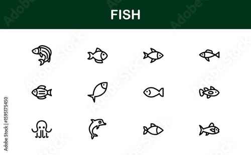 Fish Line Icon Collection – Unique, professional, and simple design set featuring ocean animals, seafood varieties, and aquatic ecosystem symbols