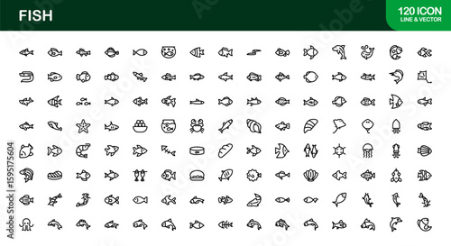 Fish Line Icon Collection – Unique, professional, and simple design set featuring ocean animals, seafood varieties, and aquatic ecosystem symbols