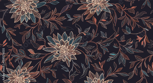 Intricate floral pattern with detailed botanical elements and a dark textured background
