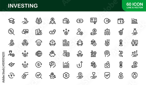 Investing essentials illustrated with modern precision — professional minimal vector line icon set covering finance, stock market, money management symbols