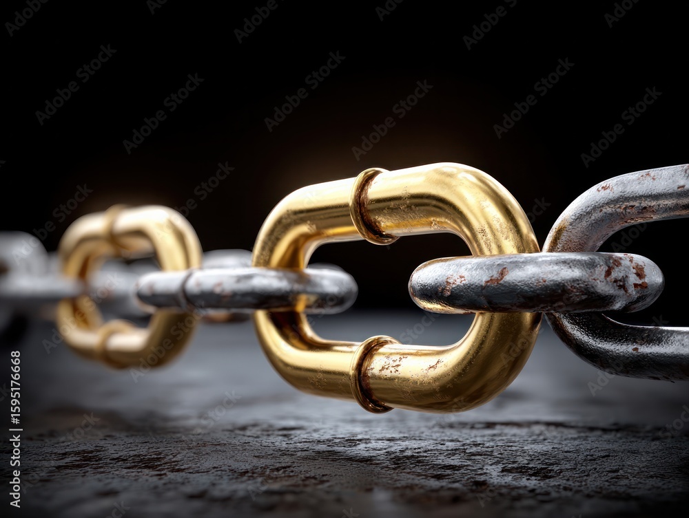 Industrial chain link close-up studio photography metallic texture dark background high-contrast strength and connection concept Industrial chain link close-up studio photography metallic texture dark background high-contrast strength and connection concept