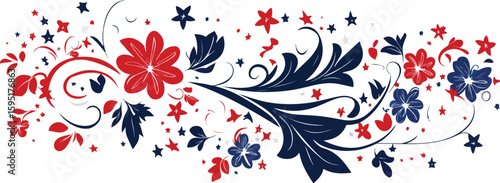 Patriotic floral border with red white and blue flowers and stars
