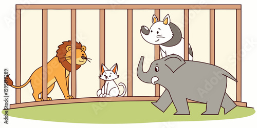Zoo Animal Companions: An illustration showcases a playful quartet of animals in a zoo exhibit. The scene captures a moment of interaction.