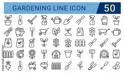 Gardening icon set ,Collection of gardening tools and plants in line art style vector illustration
