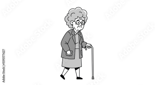 A graceful elderly woman with curly hair wearing glasses and a jacket walks with a cane supporting her movement down a sidewalk
