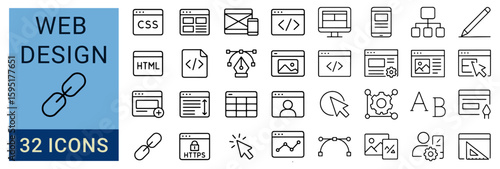 Illustration of thirty two web design icons including code, html, and css icons