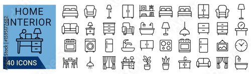 Collection of forty home interior icons showcasing furniture and appliances line art
