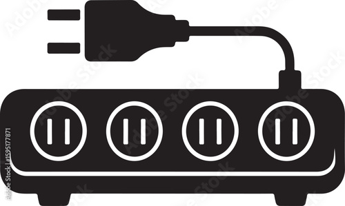 Black silhouette of a power strip with four outlets and a plug connected