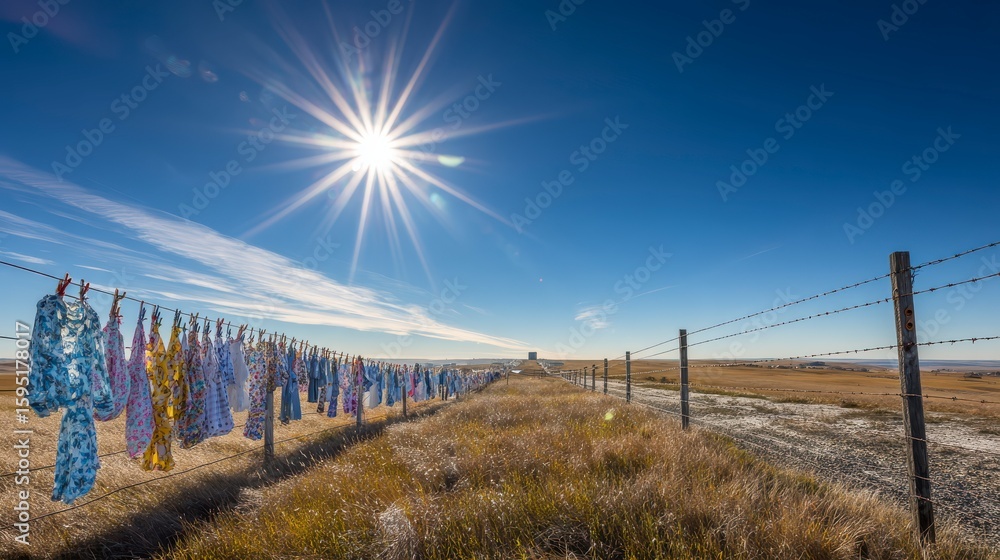 Fototapeta premium Laundry Blowing in the Wind Under Bright Sunlight on a Clear Day in a Rural Landscape