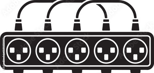 Electrical power strip with multiple sockets and connected plugs silhouette