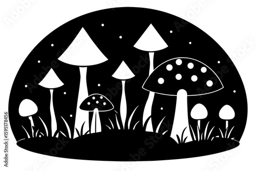 Magical Enchanted Japanese Forest with Glowing Mushrooms & Unique Flora Isolated on Dark Background