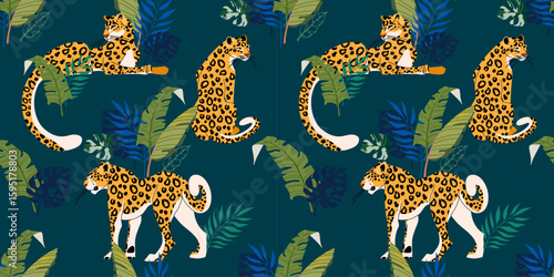 Seamless pattern with leopards and tropical leaves. Leopards on a blue background surrounded by tropical plants. Vector illustration