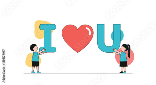 Two young children hold up giant letters forming I love you with a heart in the middle and abstract shapes in the background