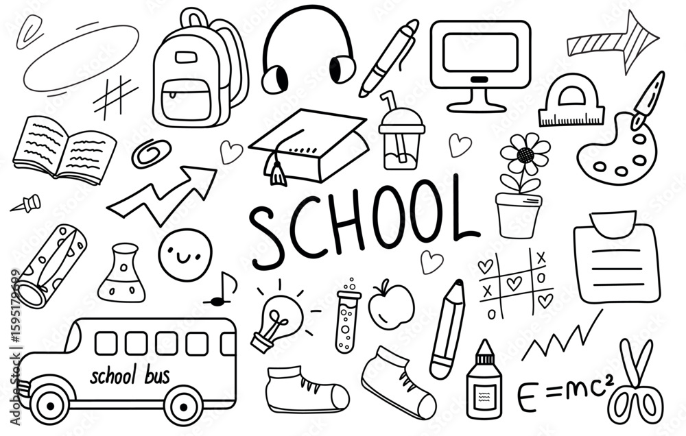 Naklejka premium Back to school. Set of doodle school elements. School backpack, school bus, computer, pen, pencil, paper clips, formulas, strikethroughs and other outline hand drawn school elements.